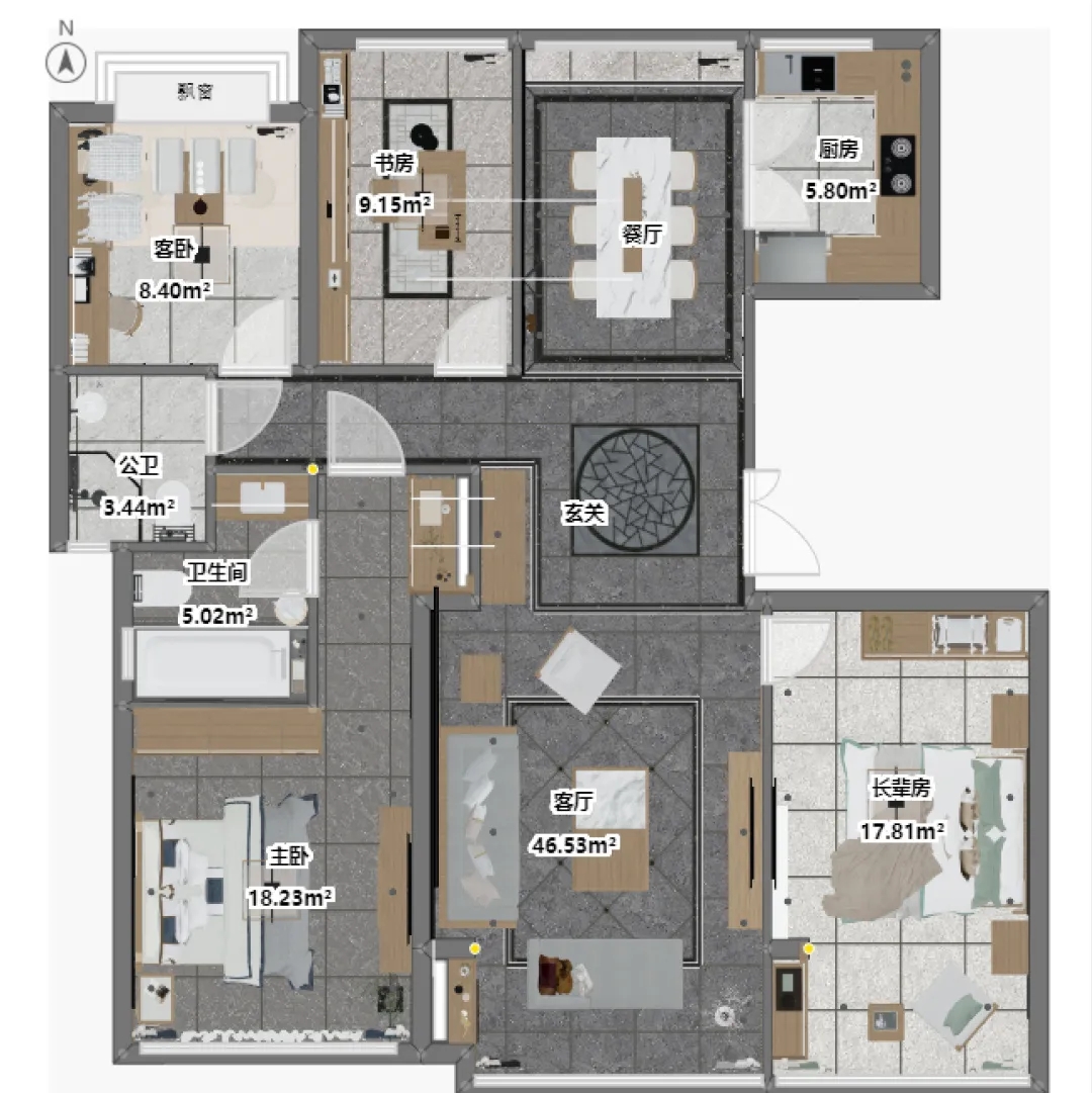 币游岩板114.4㎡的平层住宅平面图